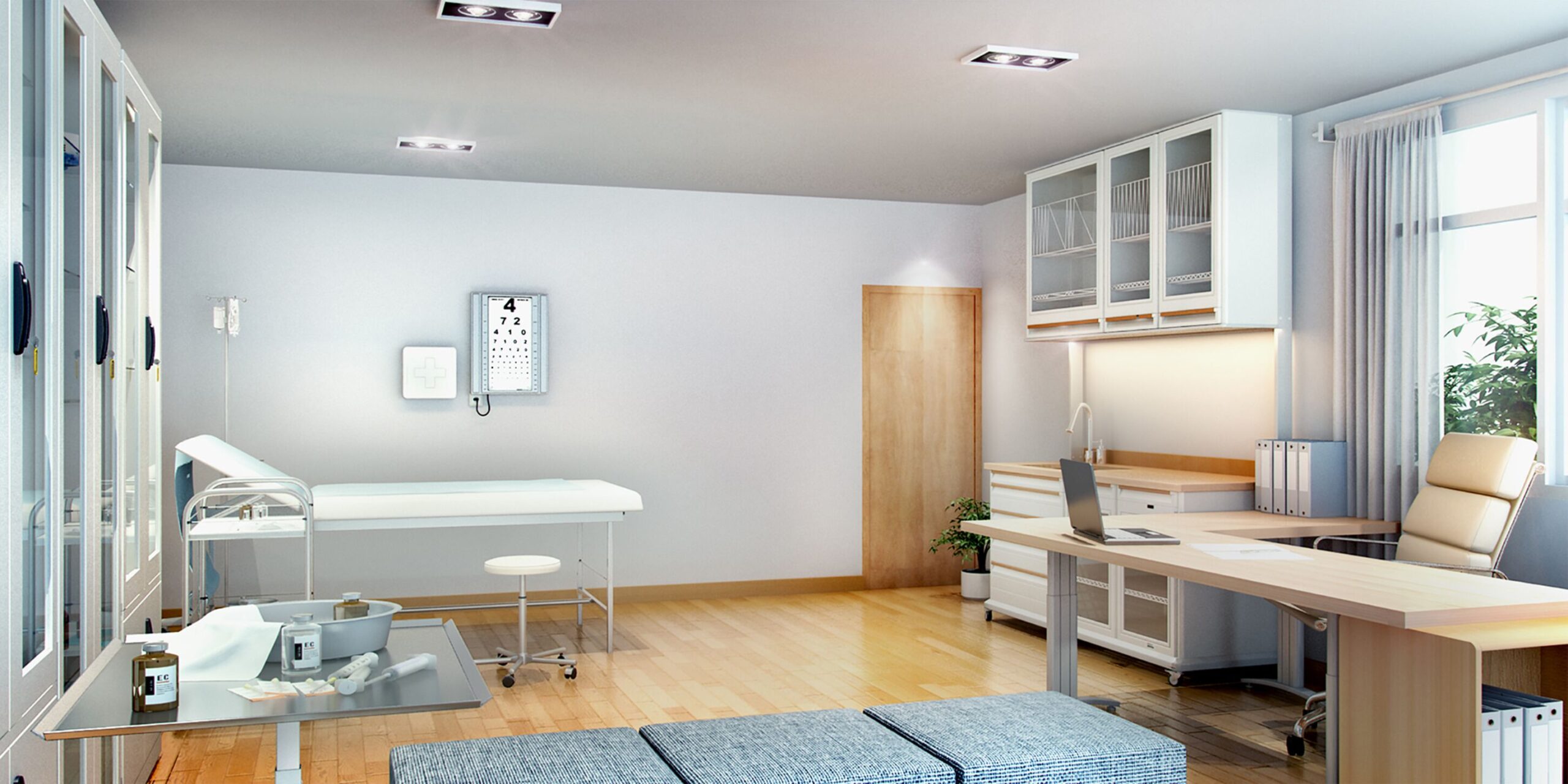 A room featuring a desk, chair, bed, and mirror, showcasing a simple and functional living space