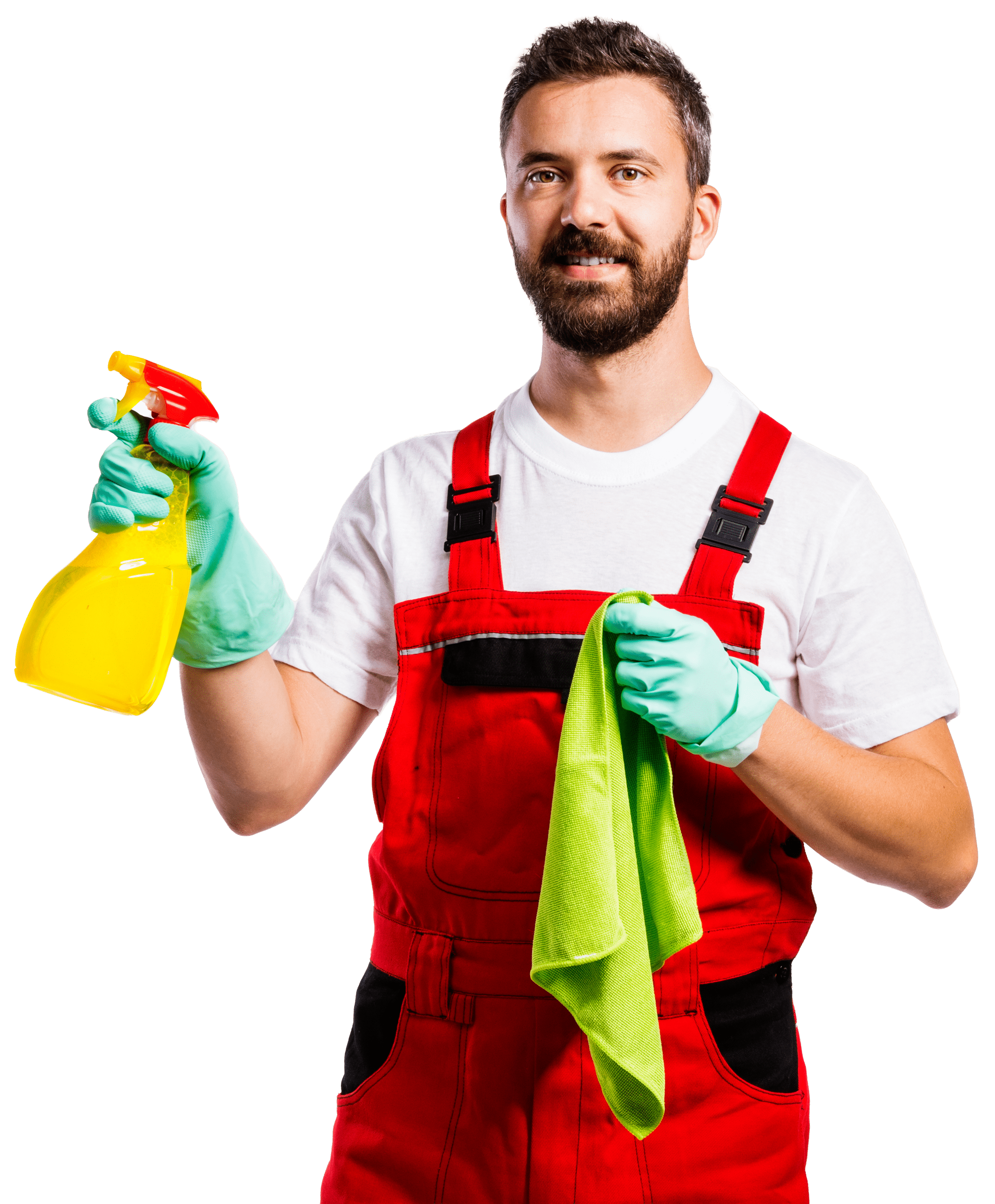 A smiling man holds a spray bottle and cleaning products, ready to clean and maintain a tidy environment
